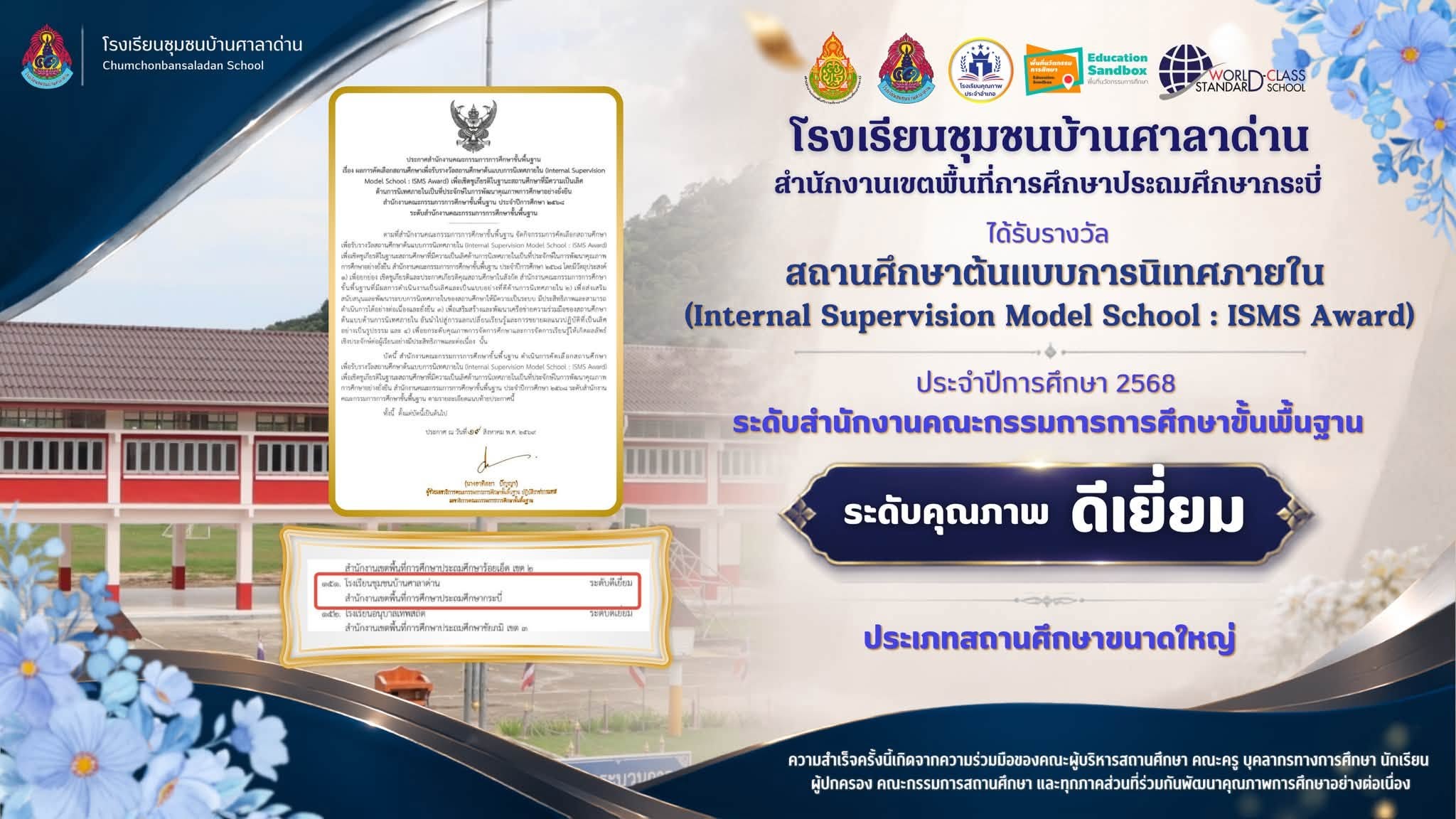 โรงเรียนชุมชนบ้านศาลาด่าน  สังกัดสำนักงานเขตพื้นการศึกษาประถมศึกษากระบี่ ได้รับการคัดเลือกจากสำนักงานคณะกรรมการการศึกษาขั้นพื้นฐาน ให้เป็น “สถานศึกษาต้นแบบการนิเทศภายในภายใต้ “ISMS Award” ปีการศึกษา 2568 ได้รับการประเมินในระดับ “ดีเยี่ยม”